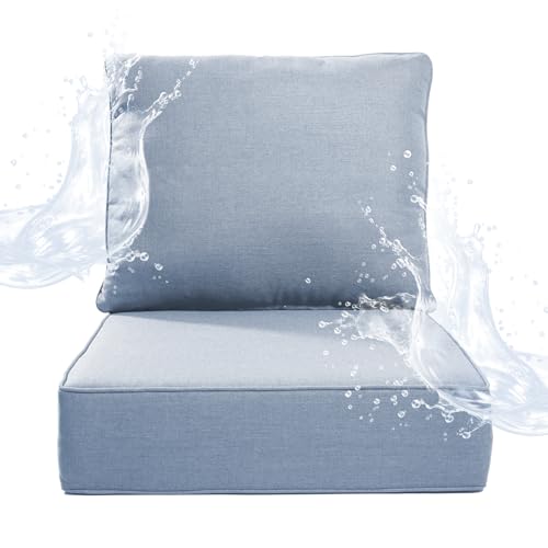 Artfurniz 6 inches Thicker Outdoor Chair Cushions Set- 24" *24" *6" Waterproof Patio Furniture Cushions with Removable Cover, 28D High Density Sponge Filling Thicken Outdoor Patio Cushions - Baby Blue
