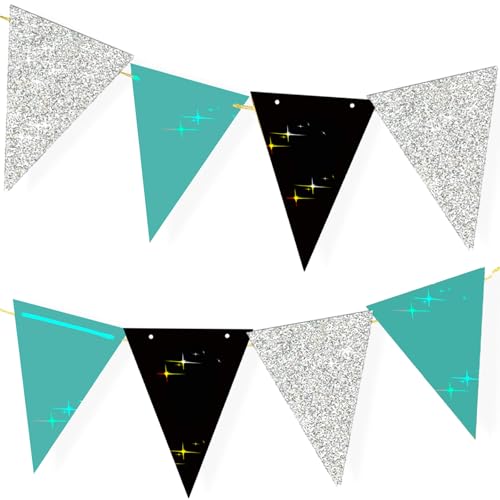Image of Teal Turquoise Black Graduation Decorations 2026 /Turquoise Black Graduation Party Decorations /Turquoise Birthday Party /Teal Silver Triangle Banners 2pcs for Bridal Shower /Wedding