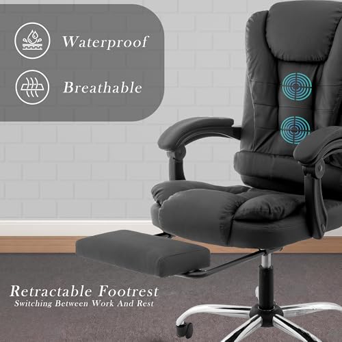 Image of Casa Copenhagen Italia Leatherette Office Chair for Work | Boss Chair, Ergonomic Executive, Luxurious Cushioned Arms & Seat, 2 Point Back Massager, Adjustable Leg Rest, Heavy Duty Metal Base (Black)