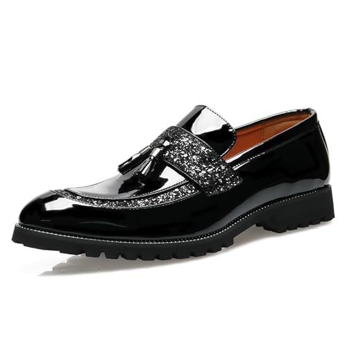 Men's Patent Leather Tassel Slip-On Loafers Fashion Sequins Pointed Toe Non-Slip Lug Sole Chunky Heel Penny Loafers for Business Formal Party Work Dress Shoes