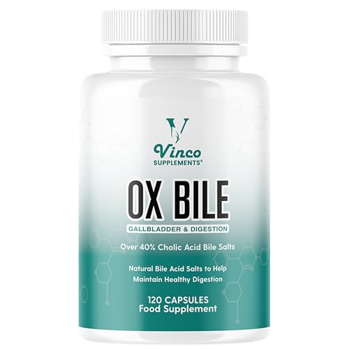 Vinco Ox Bile Acid Salts - 125mg x 120 Capsules - Gallbladder and Digestion Support - Over 40% Cholic Acid Bile Salts - Grass Fed Source - GMP Certified Non-GMO & Gluten Free - Made in The UK
