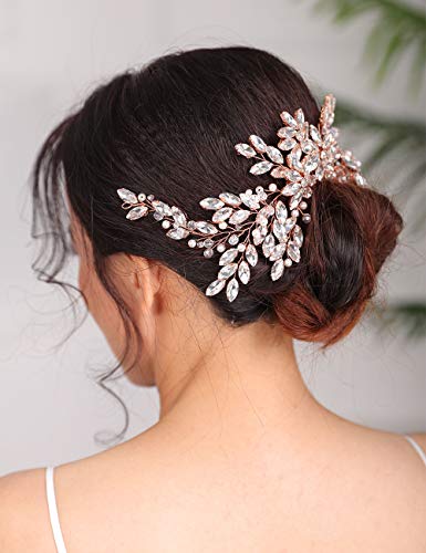 Denifery Rose Gold Bridal Hair Comb Sparkly Rhinestones Wedding Hair Comb Pearl Bridal Headpiece Rose Gold Hair Accessories For Women And Girls (Rose Gold) #TOP1