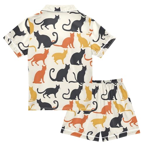 ALAZA Orange Black Kitten Cat Satin Pajamas Set Short Sleeve Button Down Sleepwear Summer Pjs 2 Piece2