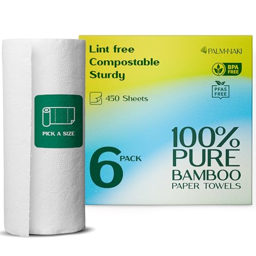100% Bamboo Paper Towels | Lint-Free, Eco-Friendly, Tree-Free | 2-Ply Kitchen Paper Towel | Food Grade – FSC-Certified, BPA/PFAS-Free | 6 Rolls (450 Sheets) | PALM NAKI