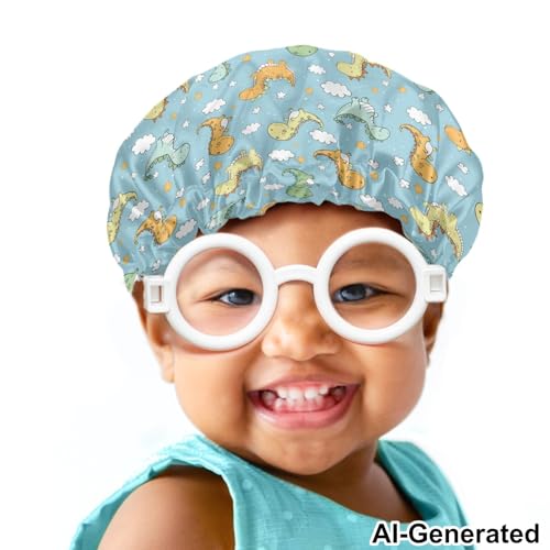 Image of Kids Satin Sleep Cap Boys Girls Sleeping Hat Beanie for Toddler Children Baby Elastic Band Hair Cover Frizzy Curly Hair Dinosaur Cloudy Print Cap Headwear
