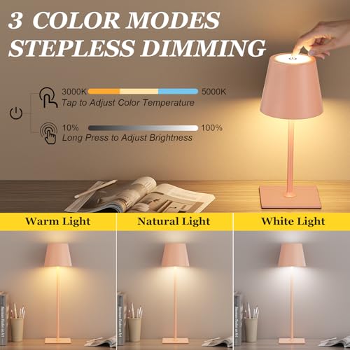 Image of Kakanuo Pink Cordless Rechargeable Table Lamp 5000mAh Battery Operated Lamps, 3 Colors Stepless Dimming Touch Lamp for Living Room, Kitchen Counter, Dining, Outdoor Patio, 2 Pack