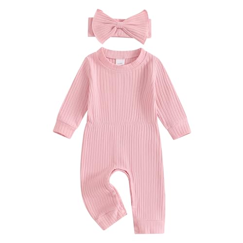 Newborn Baby Girl Fall Outfits Long Sleeve Ribbed Romper Jumpsuit with Headband Set Infant Girl Clothes
