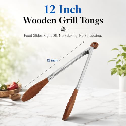 Image of Aluminum Griddle for GE Gas Range Cooktop with Tongs | Replacement Griddle Plate Compatible with WB31X24738 and WB31X49806, featuring nonstick coating and 12 inch wooden tongs.