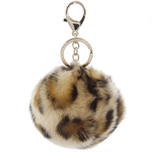 Furling 1pc Golden Key Rings with Leopard Print Faux Fur Ball Keychains Women Accessories 3.5in (Leopard)