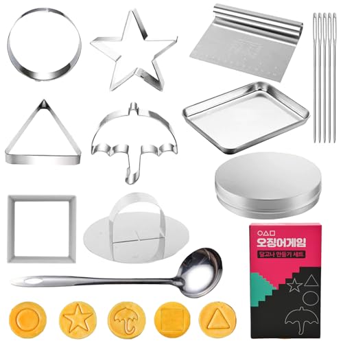 AUNGKWANG Korea Game Kekse 15 Stück Ausstechformen Für Koreanische Dalgona Kekse Edelstahl Werkzeug Quadrat Regenschirm Dreieck Stern Runde Form Für Tintenfisch Party Zucker