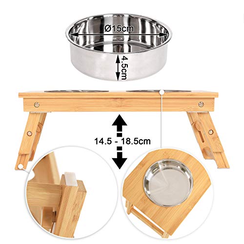 lionto höhenverstellbarer Hundenapf aus robustem Bambus, 45x23 cm, Höhe 14,5-18,5 cm, doppelter Futternapf für Hunde & Katzen, 2 spülmaschinenfeste Edelstahlnäpfe Ø 15 cm& je 700ml Fassungsvermögen