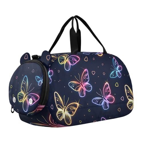 Duffle Bag for Boys or Girls with Shoes Compartment, Neon Flying Butterflies Sports Travel Bag Overnight