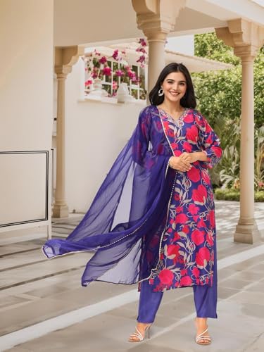 Image of ishin Women Floral printed staight kurta with pants and dupatta