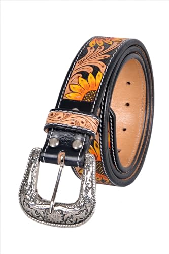 Western Leather Belt Hand Finished Sunflower pattern Unisex Belt, Removeable Buckle 30IS0043