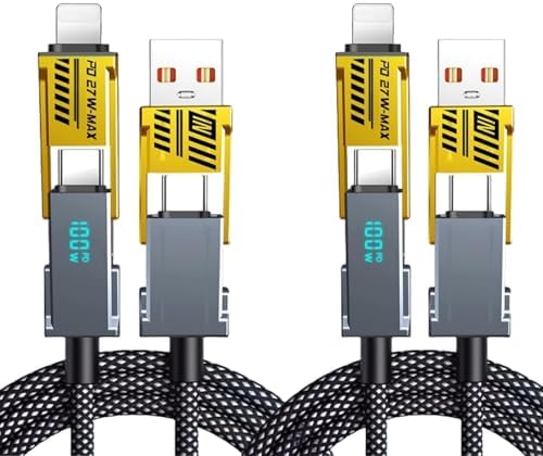 USB Fast Charging Cable 100W,2Pack 1M 4-in-1 USB-C Cable with LED Display, Nylon Braided Universal Convertible Charger Cable for iPhone/Android/MacBook Device