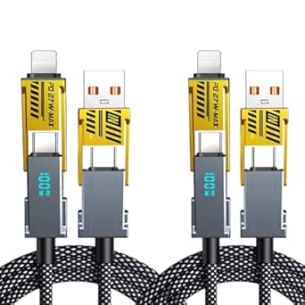 USB Fast Charging Cable 100W,2Pack 1M 4-in-1 USB-C Cable with LED Display, Nylon Braided Universal Convertible Charger Cable for iPhone/Android/MacBook Device