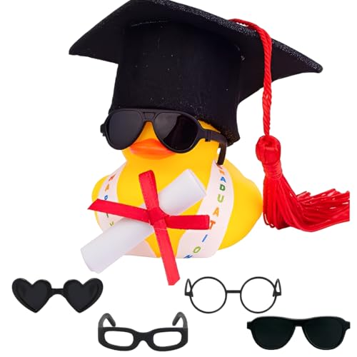OIXEYA Canard en caoutchouc amusant avec diplôme, Mini canard de remise de diplôme, Déco voiture de tableau de bord avec chapeau de remise de diplôme, chapeau, écharpe, lunettes, écharpe, Cadeau (B)