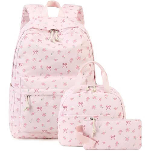 Bluboon Teen Girls School Backpack Kids Bookbag Set with Lunch Box Pencil Case Travel Laptop Backpack Casual Daypacks (Pink bow tie)