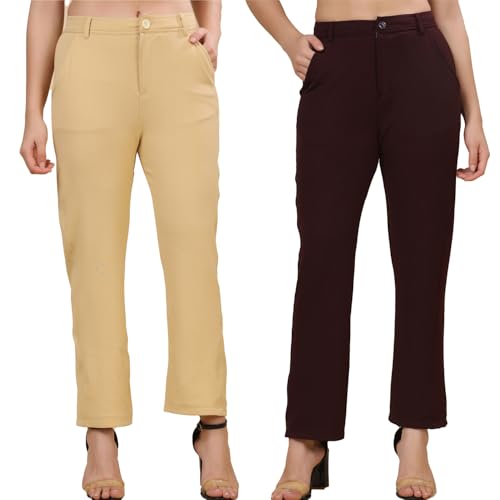 Image of Pack of 2 Women's Regular Fit Solid Cotton Blend Trousers - Soft, Breathable & Stretchable Bottom Wear for Office, Casual Outings & Daily Comfort