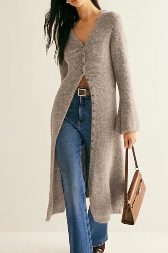 Womens V-Neck Button Maxi Cardigan Bell Long Sleeve Open Front Split Breasted Sweater Dress3