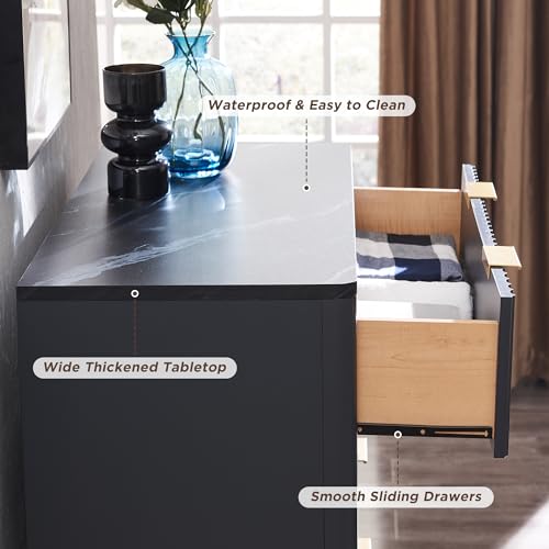 Image of T4TREAM Fluted 5 Drawers Dresser, 48 inch Tall Modern Chest of Drawers with Faux Marble Top, Curved Profile Design, Wood Drawer Organizer for Bedroom, Living Room, Hallway, Entryway, Dark Grey