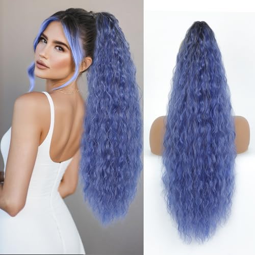 Image of Claw Clip Ponytail Extension 26In Wavy Curly Hair,Ombre Haze Blue