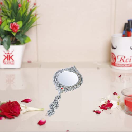 Image of KridayKraft Beautifully Carved Round Shape Silver Plating Hand Mirror for Makeup, Travelling, Salon Mirror & Decorative Mirror Antique Item for Wedding Gifts.