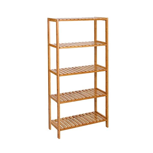 SONGMICS BCB35Y Bathroom Kitchen Storage Bamboo 5 Shelves Adjustable Floor Height Flower Stand Book Shelf Natural, 60 x 26 x 130 cm