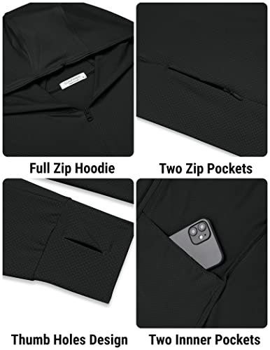 COOFANDY Full-Zip Men's Lightweight Hoodie UPF 50 - Breathable Sun Protection Jacket with Pockets for Golf, Fishing, Hiking Black