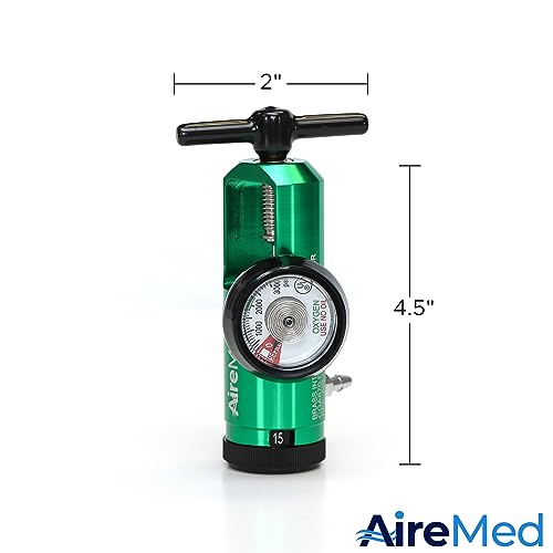 AireMed-Oxygen-Regulator-0-15LPM-CGA-870-Gauge-Flow-Rate--Includes-Wrench-Key-5-Brass-Yoke-Washer-Seals-and-2-Oxygen-Tubing-Swivel-Connectors-Ergonomic-Handle-Design--Green