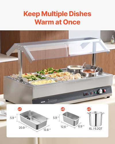 Image of VEVOR Electric Soup Warmer, Two 6.34QT Pots & Six 1 /3 Pans, Stainless Steel Commercial Food Warmer with 86~185F Adjustable Temp, 1500W Bain Marie with Cover, Soup Station for Restaurant, Buffet