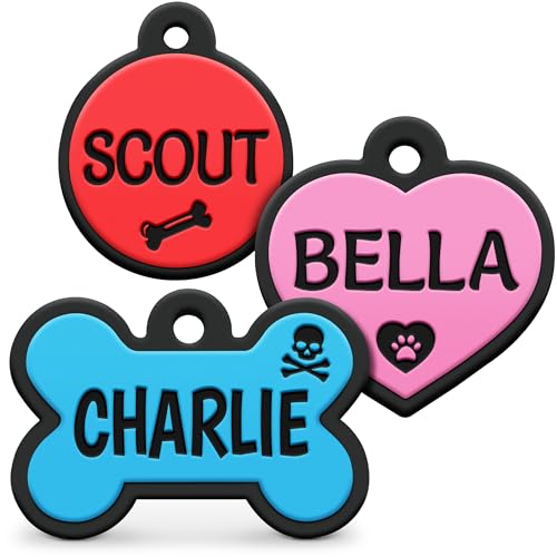 GoTags Soundless Silicone Heart Dog Tag Personalized Silent Pet Tag Engraved with Unique Custom Designs for Dogs and Cats Small Medium and Large 6 Bright Colors (Pack of 1)