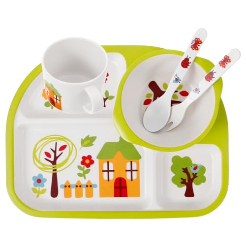 SUPVOX Bamboo Fiber Bowl Plate Set 5 Piece Baby Dinner Tray Drop-proof Baby Separate Plates Children Cutlery Safe for Boys and Girls