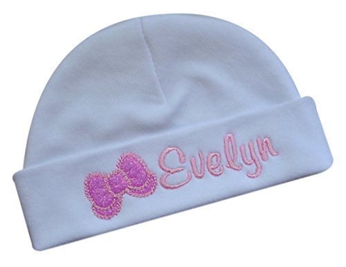 Personalized Embroidered Baby Girl Hat with Sparkling Glitter Bow with Custom Name