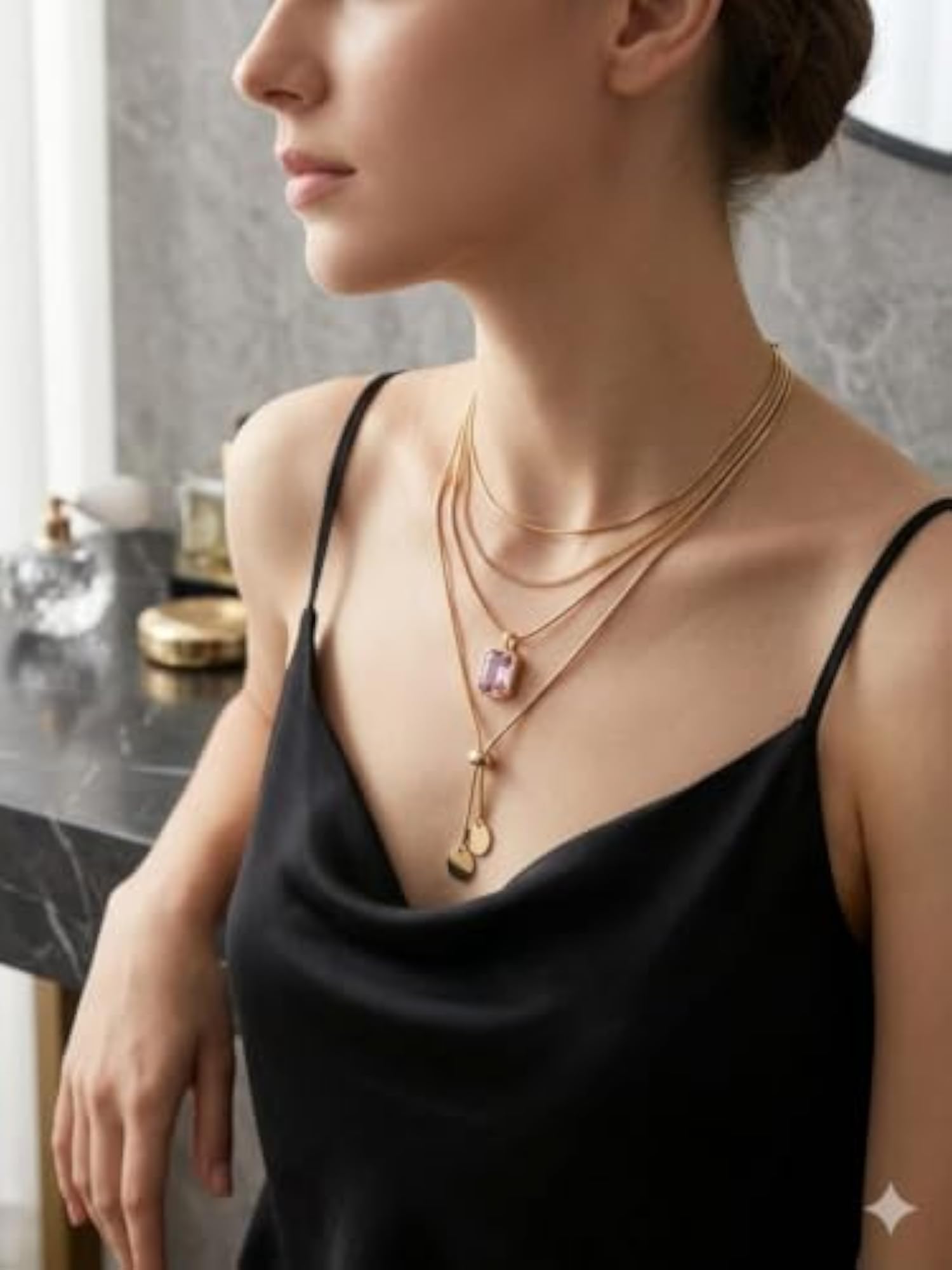 Women's Layered Necklace with Purple Crystal Pendant, Statement