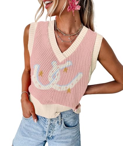 Image of MARZXIN Women Sleeveless Sweater V Neck Casual 2026 Fall Knitted Chevron V Neck Sweater Vest Color Block Pullover Sweater Top