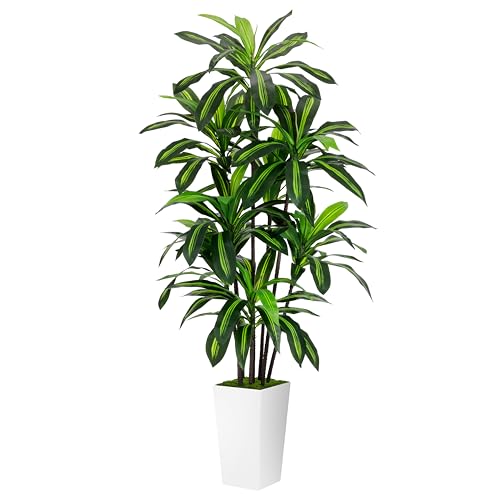 Artificial Dracaena Plant 6FT - Fake Tree with White Tall Planter - Faux Yucca Tall Fake Floor Plant...