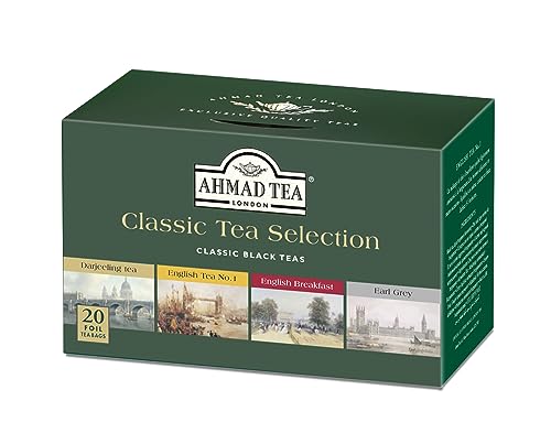 Foto von Ahmad Tea - Classic Selection - Schwarztee Sortiment - Earl Grey, English Tea No 1, Darjeeling, English Breakfast - Einzeln Verpackte, Aromaversiegelte Teebeutel mit 2g Tee pro Portion - 20 Teebeutel