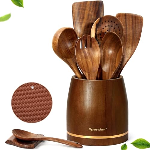 Spardar Holz Kochbesteck, 9 Teiliges Teak Holzlöffel Set mit 6...