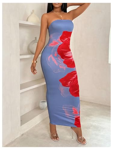 Image of GORGLITTER Women's Tropical Floral Y2K Strapless Bodycon Maxi Dress Summer Hawaiian Wedding Guest Cocktail Sun Dresses Blue Floral X-Small