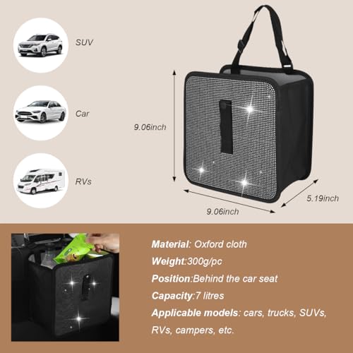 Image of Car Trash Can, Bling Rhinestone Crystal Waterproof Hanging Garbage Bag for Car Interior, Oxford Leakproof Foldable Waste Organizer Trash Bin Universal for Most Vehicles (White)