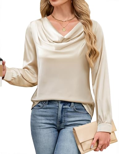 Blooming Jelly Womens Satin Blouse Cowl Neck Draped Silky Long Sleeve Dressy Tops Fall Trendy Fashion Business Casual Outfit