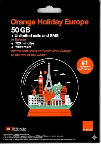 Europe SIM Card 50GB Data 30 Days Unlimited Local Calls + 120 Min Call Home 48-Country Coverage incl. UK Switzerland Iceland Norway Hotspot Enabled Orange SuperSpeed 5G Network