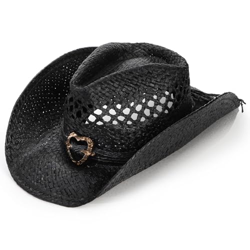 ZAVOOS Straw Cowboy Hat, Western Style Summer Coastal Cowgirl Hat with Heart Band, Wide Shapeable Brim, Vacation Beach Sun Hat for Party, Halloween Costumes Black