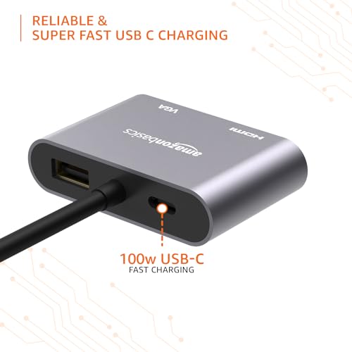 Image of Amazon Basics 4-in-1 Hub Multiport Adapter with HDMI 4K, VGA 1080P, USB 3.0, 100W USB-C PD Port for PC, MacBook, Mac mini, iMac, and Tablet