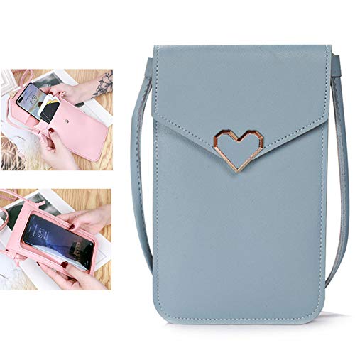 Transparent Écran Tactile Pochette Telephone,Sac De Telephone Bandouliere en PU Cuir Sac Portefeuille Petit,Fenêtre De Téléphone Transparente,pour Les Clés De Téléphone(Little Love),Sky Blue Cover