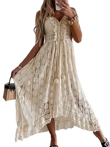 CUPSHE Maxi Summer Dress for Women Lace V Neck Sleeveless Sundress Boho Crochet Tassel Flowy Beach Vacation Graduation Dress Beige, M