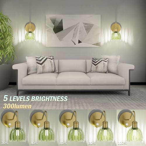 Image of 2 Pack Battery Powered Wall Sconce with Green Tulip Glass Lampshade, Rechargeable Dimmable LED Wall Sconce for Living Room, Hallway, Bedroom, Dining Room