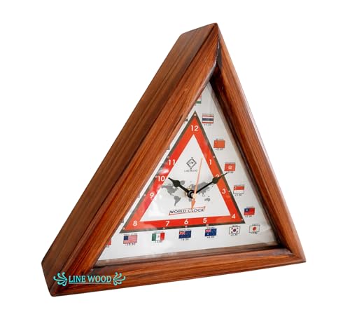 Image of LINE Wood - Antique Wooden Wall Clock - Triangular Shape Multi-Country World Clock with Time Zones Vintage Style for Home, Office, Bedroom, Hall, Living Room, Farmhouse Decor (12 INCH)