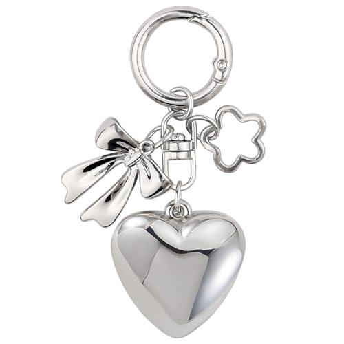 Silver Keychains Heart Bow Flower Keychain Accessories Kawaii Key Chains Women Cute Keychain Charms Floral Bowknot Heart Phone Charm Bag Charms for Handbags Key Chain Key Ring Pendant Purse Charm